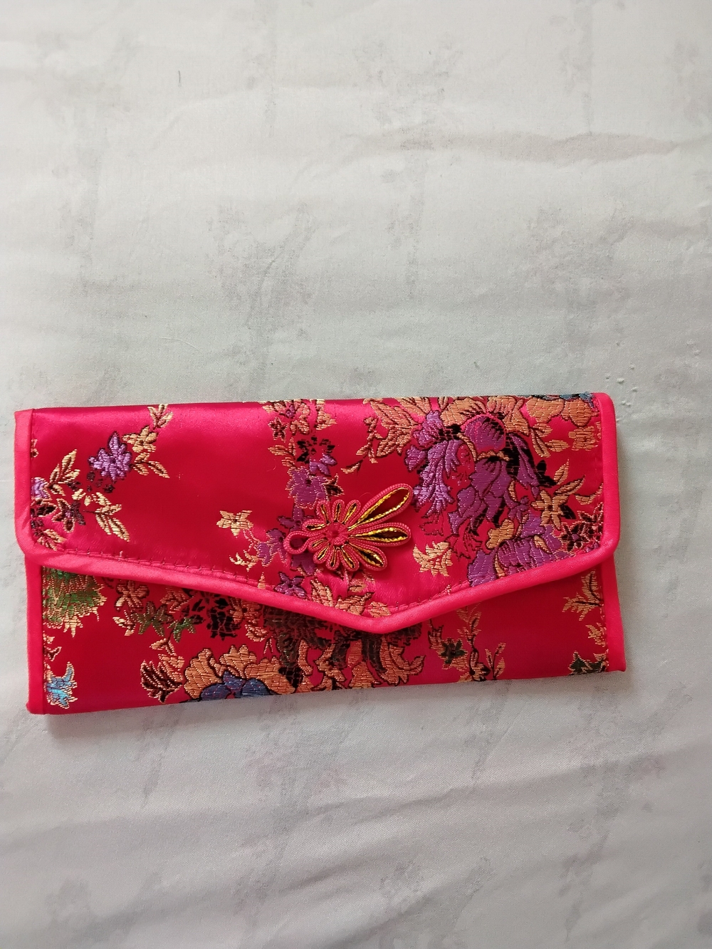 Red Floral Satin Envelope Clutch with Embroidered Detail